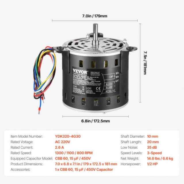 VEVOR Μοτέρ Φυσητήρα Καλοριφέρ 1/2HP 220V 2.6A 1300RPM 3 Ταχύτητες 15μF/450V Πυκνωτής MSFGJDJ12HP3AY63CV7