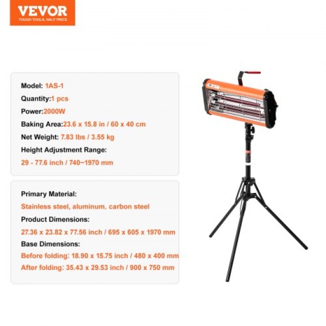 VEVOR Φορητή/Σταθερή Υπέρυθρη Λάμπα Βαφής 2000W για Στέγνωμα Αυτοκινήτων LYSKQD2000W0THJVCV2