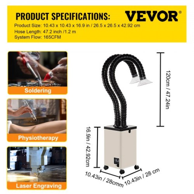VEVOR Απορροφητήρας Καπνού Κολλήσεων, 150W 106 CFM, 3-Σταδίων Φίλτρα, 3 Ταχύτητες με Σωλήνα για Κολλήσεις, Χάραξη Λέιζερ και DIY Συγκόλληση  YWPYQ150W220VO5NEV2