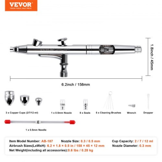 VEVOR Πιστόλι Αερογράφου, Διπλής Δράσης 0.3mm & 0.5mm, Σετ με Χαλκοί Δοχεία & Αξεσουάρ Καθαρισμού  PQTZZLS00000THZEGV0