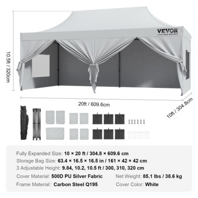 Τέντα VEVOR 10x20FT με Πλευρικά Τοιχώματα & Τσάντα Λευκή  DCSYPBS1020FTSS9LV0