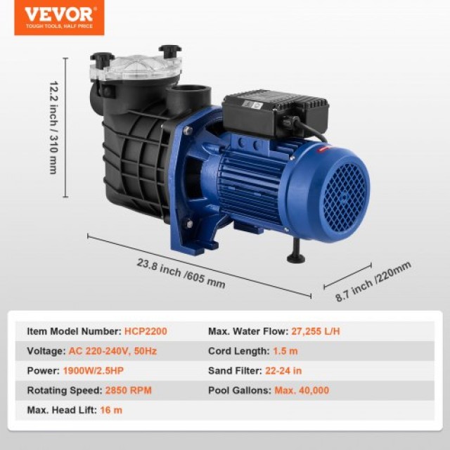 Αντλία Πισίνας VEVOR 2.5HP 120GPM 220V με Καλάθι Φίλτρου  YCGLBDSDD...