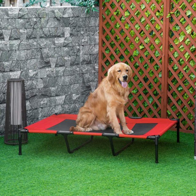 Κρεβάτι PawHut Raised Dog 50kg max με τσάντα ταξιδιού, από μέταλλο και ύφασμα Oxford, 122x92x23 cm, κόκκινο D04-069RD