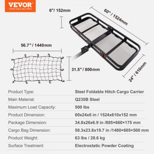 VEVOR Φορτωτής Ρυμούλκησης, 60 x 24 x 6 ιντσών, Αναδιπλούμενο Καλάθι Αποσκευών 500lb με Αδιάβροχη Τσάντα & Δίχτυ, Για 2 Υποδοχή SUV/Φορτηγό  CHXLK60246500XROCV0