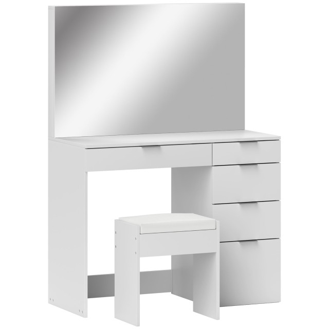 HOMCOM Schminktisch-Set mit Spiegel und 5 Schubladen 97.2 x 44.5 x 136.5 cm und gepolstertem Hocker 40 x 24 x 46 cm Weiß 831-750V80WT