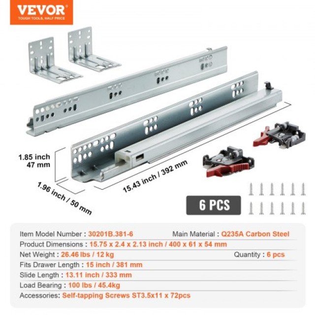 VEVOR 6 Ζεύγη Συρταροθήκες 381mm, Αθόρυβοι Οδηγοί με Κλείδωμα, 100 ...