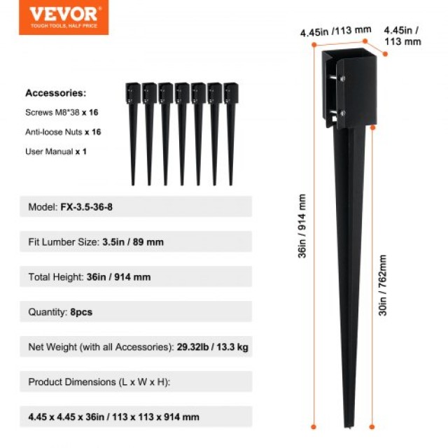 VEVOR Άγκιστρα Στύλων Φράχτη, 8τμχ 36x4x4, Μεταλλικά Μαύρα για Ταχυδρομικό Κουτί/Κήπο  FXDD35YC36YCFYQFFV0