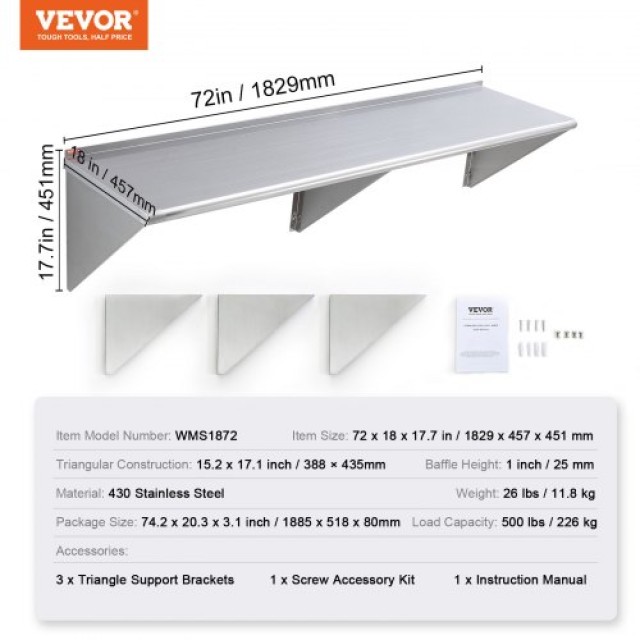 VEVOR Ράφι από ανοξείδωτο ατσάλι 72 x 18 για τοίχο, ιδανικό για κου...