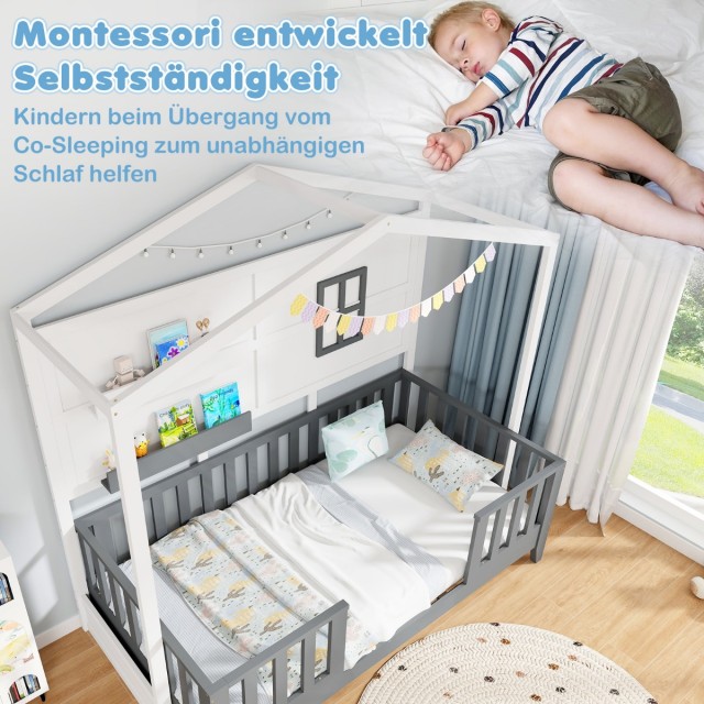 Costway Παιδικό Κρεβάτι Montessori 90 x 200 cm Σπιτάκι από Μασίφ Ξύ...