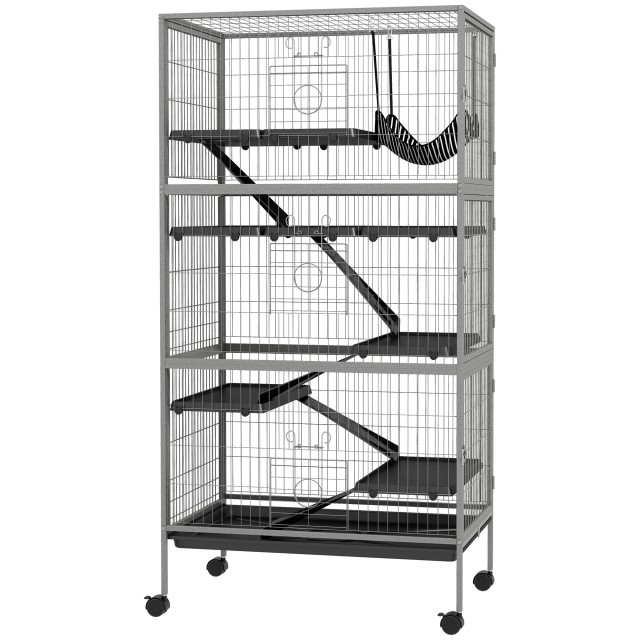 PawHut Rabbit Cage με 4 εισόδους σε πολλαπλά επίπεδα με αιώρα, ατσάλι και PP, 80x52x159 cm D51-113V01GY