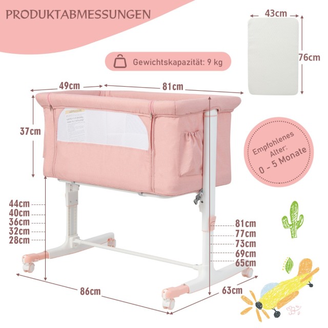 Costway Πολυλειτουργικό Βρεφικό Κρεβάτι 3 σε 1 Ροζ - Ρυθμιζόμενο σε...