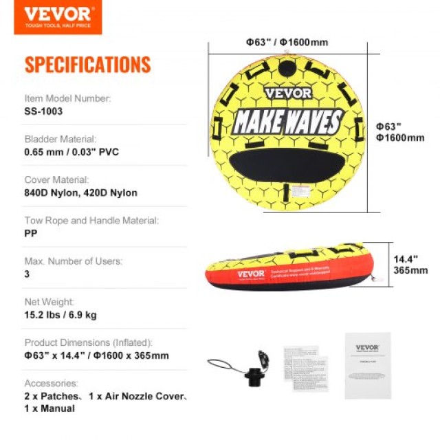 VEVOR  Φουσκωτό Τούμπα Θαλάσσης για 1-3 Άτομα, 510 lbs, 63 Στρογγυλό, Πλήρης Κάλυψη Νάιλον, Λαβές EVA, Βαλβίδα Ασφαλείας CQTLPDYX3R000A9FSV0