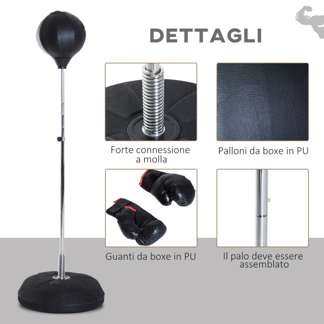 HOMCOM Ρυθμιζόμενη μπάλα πυγμαχίας σε ύψος 126-144 cm με γάντια, αντλία και βάση βάρους Μαύρη A91-059BK