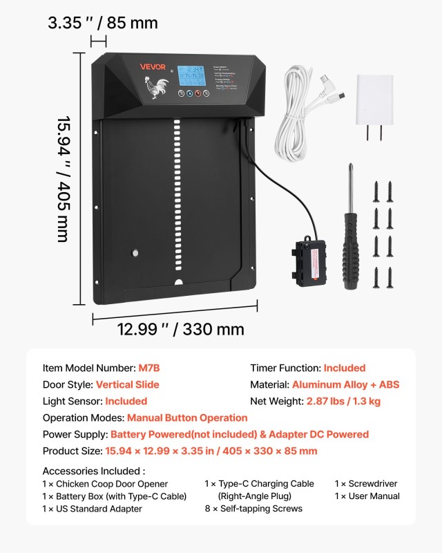VEVOR Αυτοματοποιημένη Πόρτα Κοτέτσι με Οθόνη LCD και Αισθητήρα Φωτ...