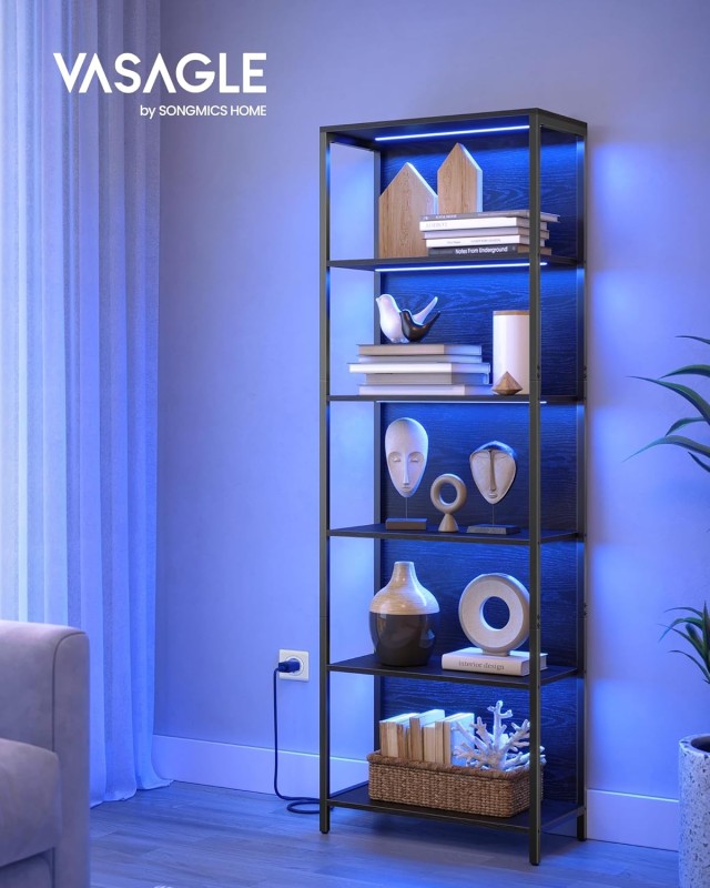 VASAGLE Ρυθμιζόμενη Βιβλιοθήκη LED 178cm με Τηλεχειριστήριο - Ebony Black 60x30.3cm LLS120B57