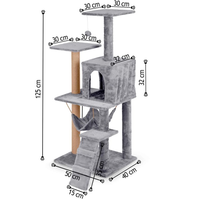 Ονυχοδρόμιο / Δέντρο Γάτας 125cm με 5 Επίπεδα, Σχοινί Sisal & Αιώρα Ανοιχτό Γκρι PH-007 Pethaus