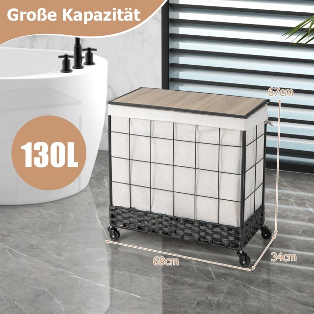 Costway Συλλέκτης ρούχων με ρόδες και ξύλινο καπάκι 130L 68x34x67cm...