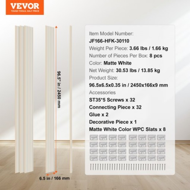 VEVOR  Λευκά Ξύλινα Ακουστικά Πάνελ 8 Τεμ 96x6 ιντσών  WPCBTQBYGBL92KP7EV0
