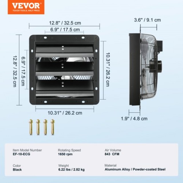 VEVOR Ανεμιστήρας Εξαερισμού Τοίχου 254mm με Τηλεχειριστήριο EC  BYCSPQSDJEC10VE89V2