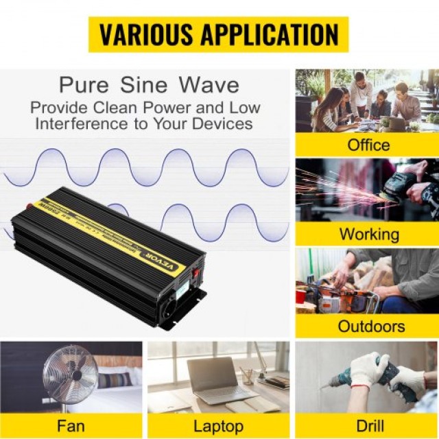 VEVOR Καθαρός Ημιτονοειδής Μετατροπέας 2500W 12V/230V με USB & LCD ...