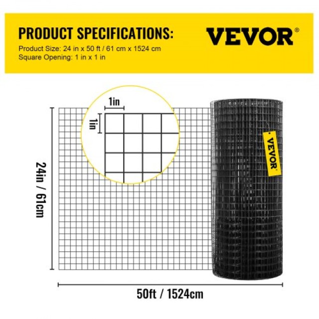 VEVOR Πλέγμα Υλικού, 24x50 & 1x1 Μέγεθος, Γαλβανισμένο Ατσάλι με Βινυλική Επίστρωση, 16 Gauge, Μαύρο  YXHJWHSBDDWC28RC4V0