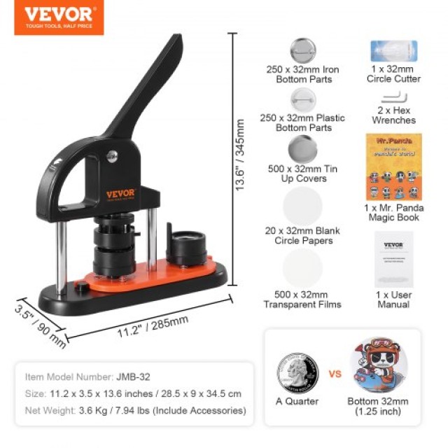 Μηχανή Κατασκευής Κουμπιών VEVOR 32mm με 500 Τεμάχια και Κόφτη  SLKXZJ32MM500JRFVV0