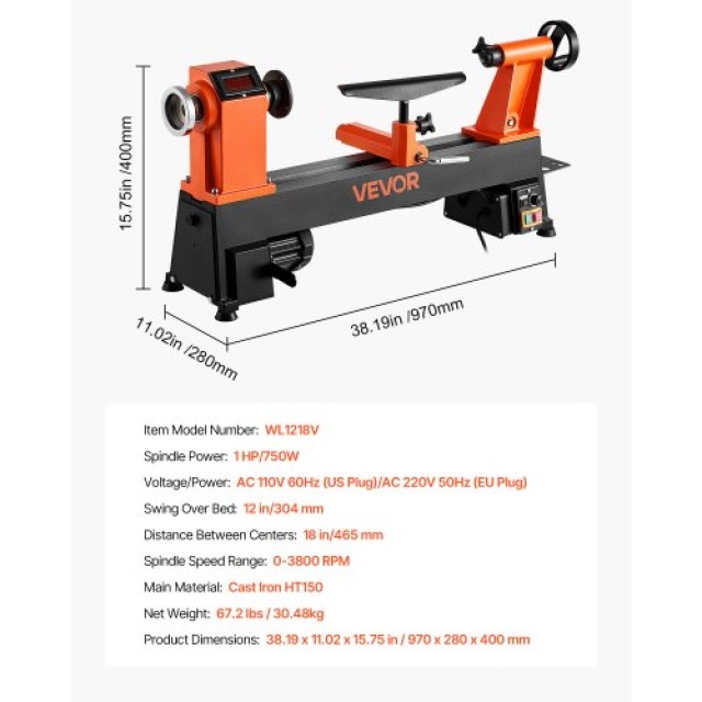 VEVOR Τορνός Ξύλου 1 HP 12x18 in με Μεταβλητή Ταχύτητα TSMGCC24K1HP...