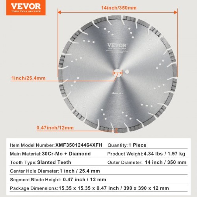 Δίσκος Διαμαντιών VEVOR 14 για Σκυρόδεμα, Υγρή/Ξηρή Κοπή  JGSQGJP350MMDWBA5V0
