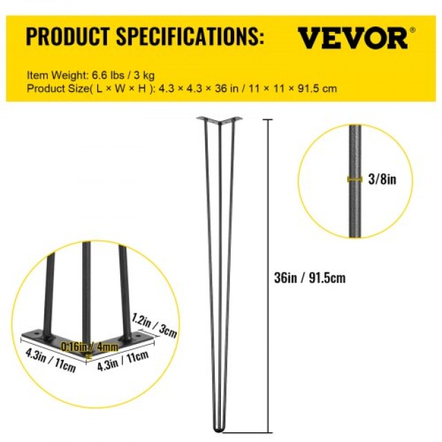 Σετ 4 Μαύρα Πόδια Τραπεζιού VEVOR Hairpin 36 (Φορτίο 880lbs) για Έπιπλα DIY  TZZT4PCS36YC3G001V0