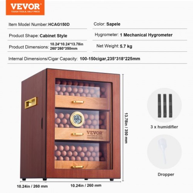 VEVOR Υγραντήρας Πούρων 150 Θέσεων με Υγρόμετρο & Ράφι  XQBSJMTKJ100RPMUKV9
