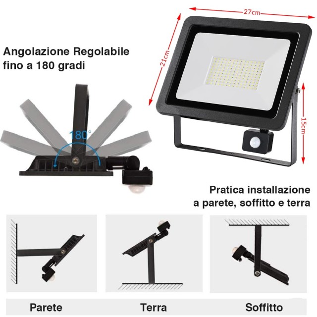 BAKAJI  Προβολέας LED Faro 100W Υψηλής Φωτεινότητας 8000lm Εξωτερικός Προβολέας με Αισθητήρα Κίνησης  02833067