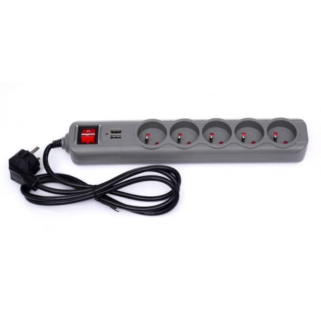 Πολύπριζο με 5 Υποδοχές + 2 Θύρες USB & Καλώδιο 1,5m Γκρι KD-4033