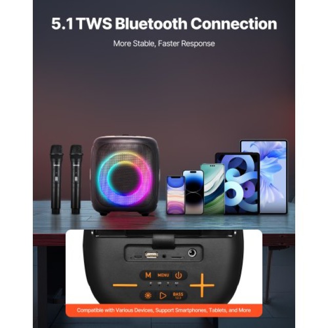 VEVOR Φορητό Καραόκε Μηχάνημα Bluetooth με 2 Ασύρματα Μικρόφωνα και...