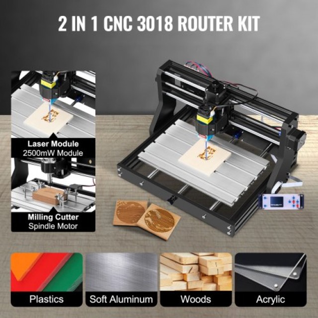 VEVOR  CNC 3018 Pro 15W Μηχάνημα Χάραξης Laser 3 Άξονες με Offline Controller για Πλαστικό, Ακρυλικό, PVC, Ξύλο DKJ3Z3018PRO15W01V2