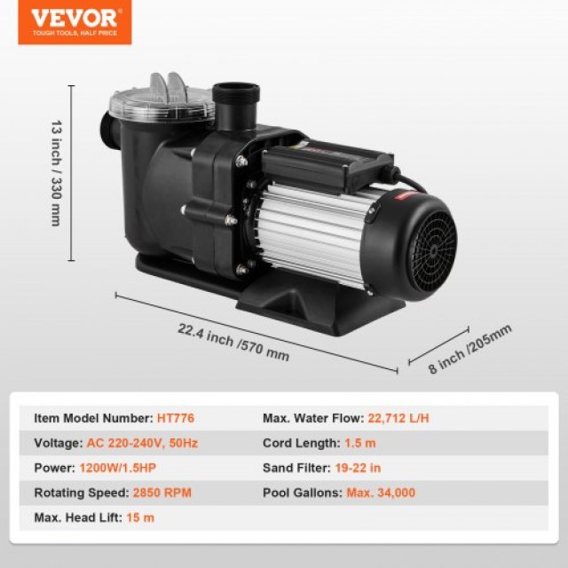 Αντλία Πισίνας VEVOR 1.5 HP 100 GPM 2850RPM UL  YCGLBDSDDY15VLJXMV2