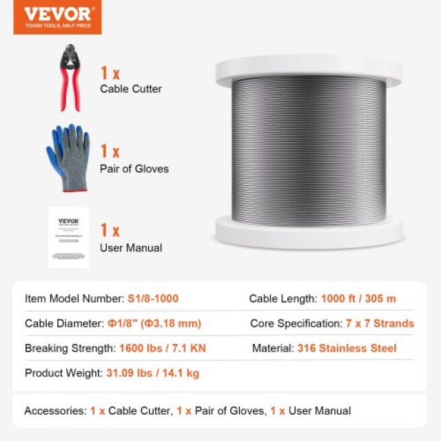 VEVOR  Καλώδιο Ανοξείδωτο T316 1/8 7x7 1000 ft για Κάγκελα BXGGSSBXG3163WG03V0