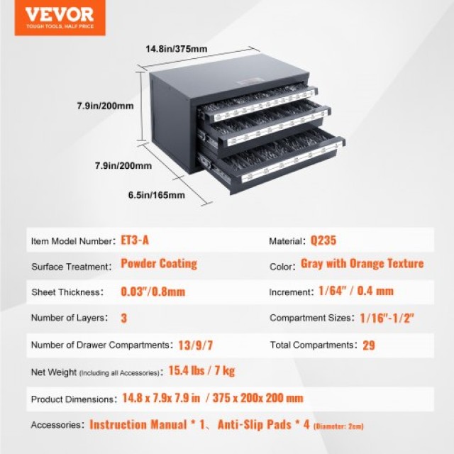 Ντουλάπι Οργάνωσης Τρυπανιών VEVOR, Τριών Συρταριών για 1/16 έως 1/2, Μεταλλικό Ντουλάπι με Ετικέτες, Στοιβαζόμενο για Αποθήκευση Τρυπανιών  ZTFPGJXZTSCT6N0G8V0