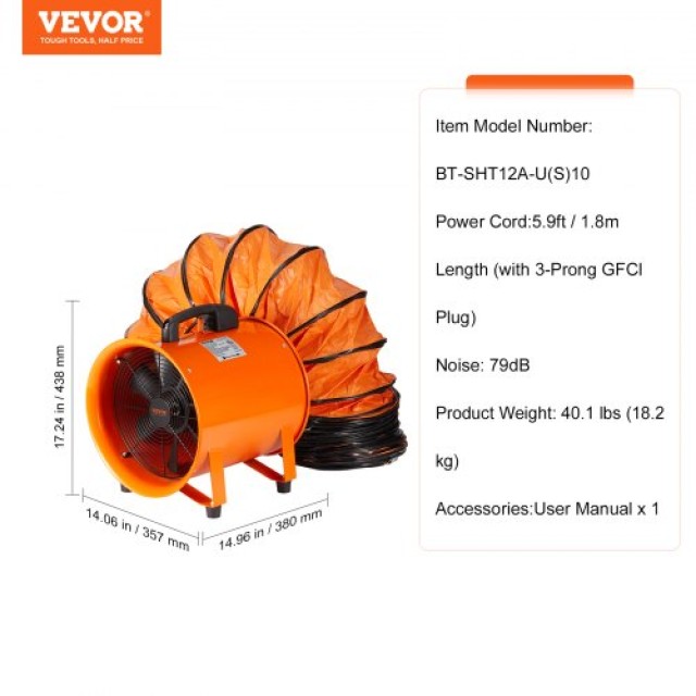 Φορητός Εξαεριστήρας VEVOR 304.8mm με 10m Σωλήνα για Βιομηχανική Χρ...