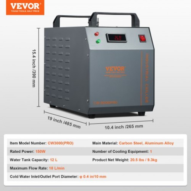VEVOR  Βιομηχανικός Ψύκτης Νερού CW-3000(PRO), 150W, Αερόψυκτος, 12L Δοχείο, 18L/λεπτό, για Μηχανή Χάραξης Λέιζερ GYLSJFLS12L1YAX14V2