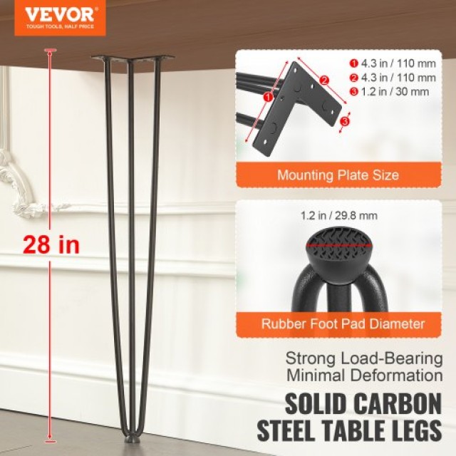 Σετ 4 Μαύρα Πόδια Τραπεζιού VEVOR Hairpin 0.7M, Αντοχή 408.2KG, 3 Ρ...