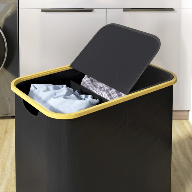 HOMCOM  Καλάθι Απλύτων 80L με 2 Διαμερίσματα και Καπάκι, από Ύφασμα μη Υφασμένο και Μπαμπού, 54x34x58.5 cm, Μαύρο  850-320V00BK