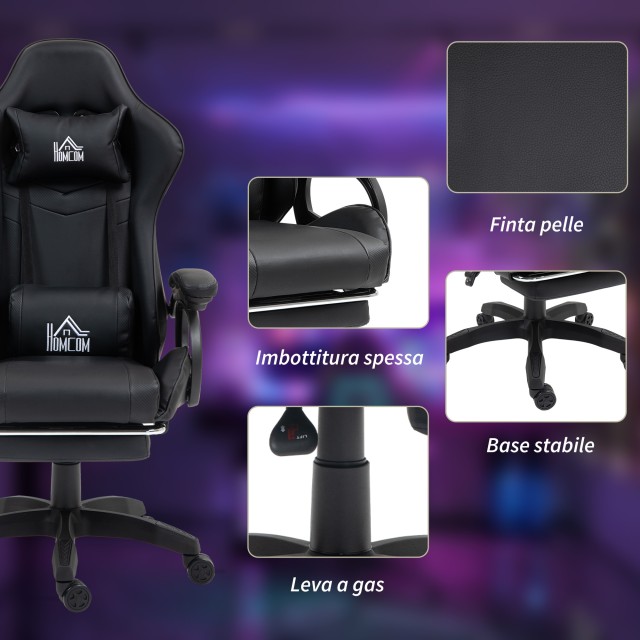 HOMCOM  Καρέκλα Gaming με ανάκλιση 125° και λειτουργία μασάζ από συνθετικό δέρμα με υποπόδιο, 65x68x120-128 εκ., Μαύρο  921-795V90BK