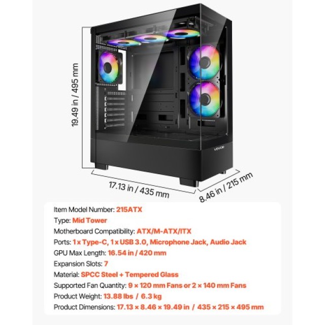 VEVOR Μεσαίο ATX Κουτί Υπολογιστή με 6 x 120 mm ARGB Ανεμιστήρες DNJXZT120MMAIKYPY001V9