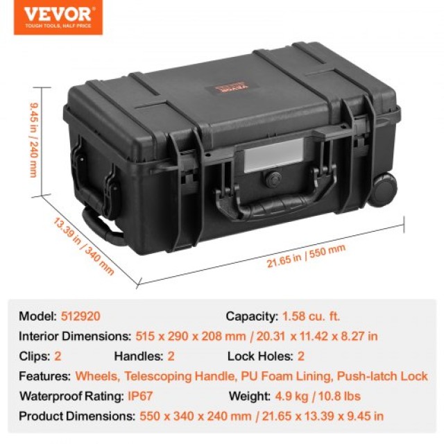 Αδιάβροχη Σκληρή Θήκη VEVOR 1.58 Cu.ft με Ροδάκια & Χειρολαβές  FFYLGX1618CUQYFZ6V0