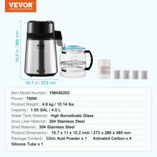 Αποστακτήρας Νερού VEVOR 4L με Ανοξείδωτο Εσωτερικό για Πάγκο  BXGZLSJYS4LD2TK5LV2