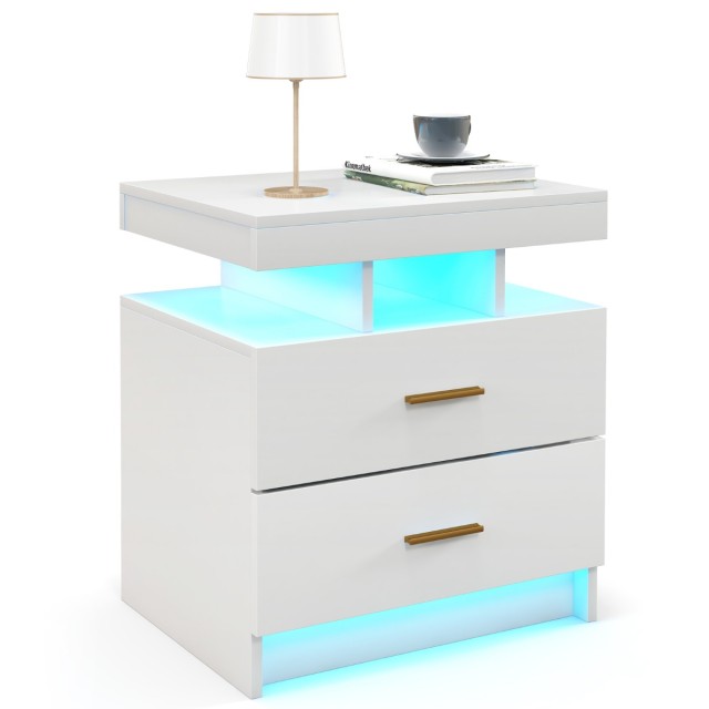 Costway Λευκό Κομοδίνο με LED Φωτισμό  50 x 40 x 58 cm  και 2 Συρτά...