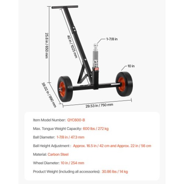 VEVOR Ρυμουλκούμενο Καρότσι 600lbs, Ρυθμιζόμενο Ύψος 16.5-22 ιντσών, Μπάλα 1-7/8 ιντσών, Συμπαγείς Τροχοί TYSDQYC600BHGRGNOV0