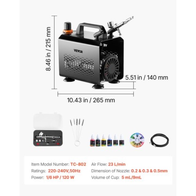 VEVOR Σετ Αερογράφου με Συμπιεστή 1/6 HP, 1 Αερογράφο και 3 Μύτες Β...