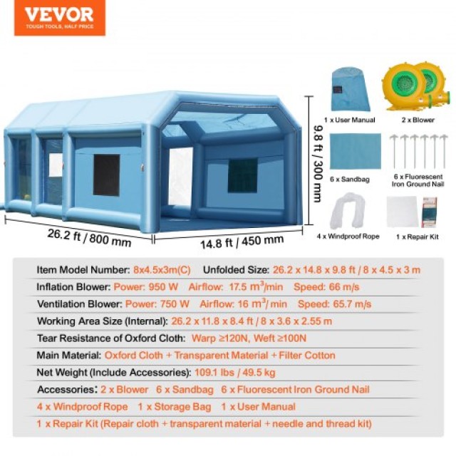 Φουσκωτό Θάλαμο Βαφής VEVOR, 26.2 x 14.8 x 9.8 ft, με Ισχυρούς Φυσητήρες και Φίλτρο Αέρα  CQSPQFLSKCGLK7J8AV2