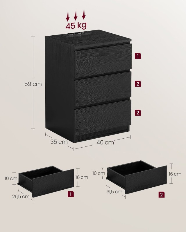 VASAGLE Κομοδίνο 40x35x59cm με Ενσωματωμένη Πρίζα και USB Θύρες LET...